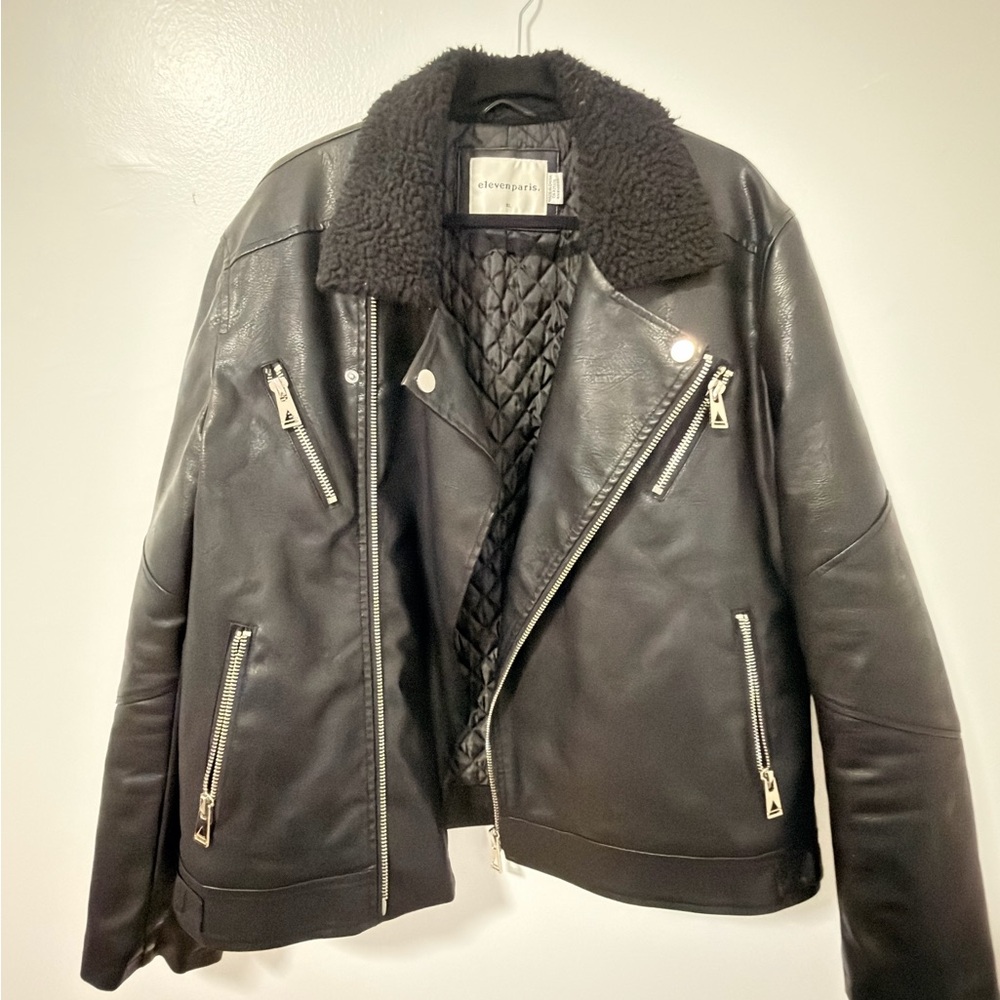 Eleven Paris Black Leather Jacket with Faux Fur Collar Moto Jacket